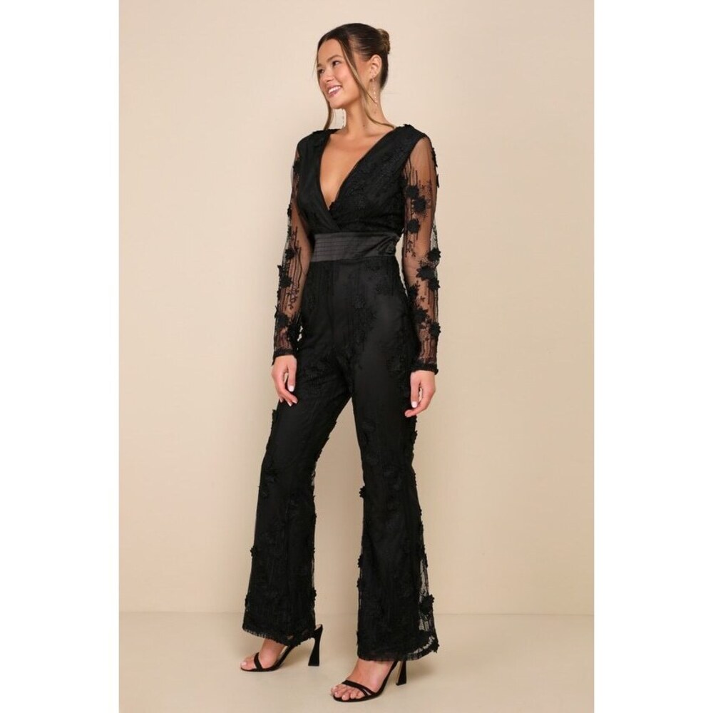 Lulus Elevated Allure Black 3d Floral Embroidered Long Sleeve Jumpsuit - Size XL